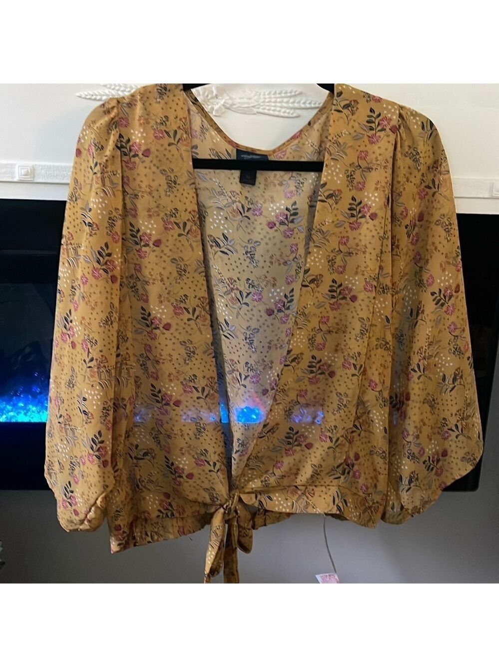 Daytrip Women's M Mustard Yellow Floral Chiffon Blouse Boho Long Sleeve Top